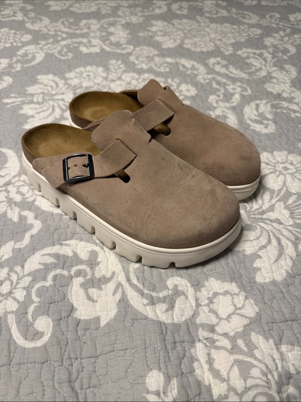 Birkenstock Taupe Suede Clog Mule with White Lug Sole